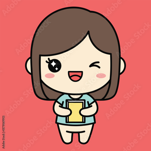 Cartoon girl with brown hair holding a yellow book and winking with a star on her cheek
