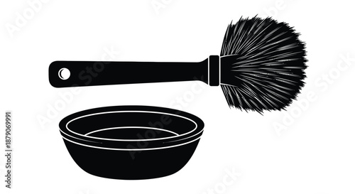 A black and white illustration of a brush and a bowl on a plain background