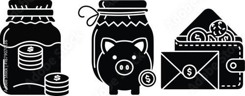 A black and white illustration of various money saving containers including a jar, piggy bank, and envelope.