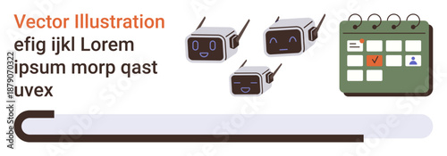 Artificial intelligence, chatbots, scheduling, technology, workflow, automation. Three chatbot faces, calendar icon progress bar. Artificial intelligence and technology concepts