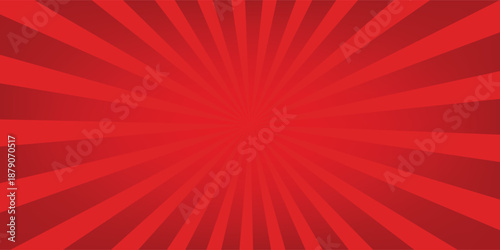 Red radial burst abstract background with sunburst rays from center, bold retro pop art style design ideal for comic themes, posters, banners, advertising, presentations, wallpapers.