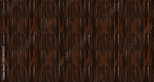 Dark chocolate brown vertical tiles with glossy ceramic finish and textured surface for wall backgrounds