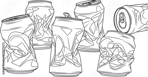 A black and white illustration of crushed aluminum cans on a plain background