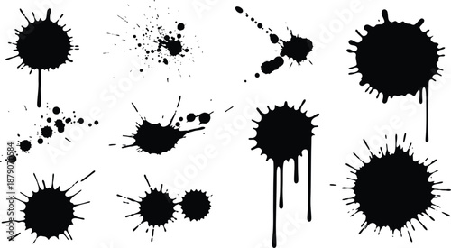 A collection of black ink splatters on a white background