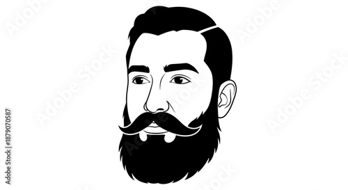 A black and white illustration of a man with a beard and mustache