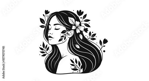 A serene woman with long hair and flowers in her hair, surrounded by leaves and vines in a peaceful and natural setting.