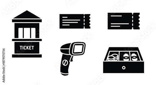 A collection of black and white icons representing ticket purchasing and scanning at an event or attraction
