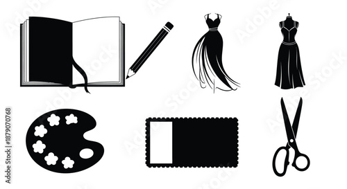 A collection of fashion design tools and icons on a white background