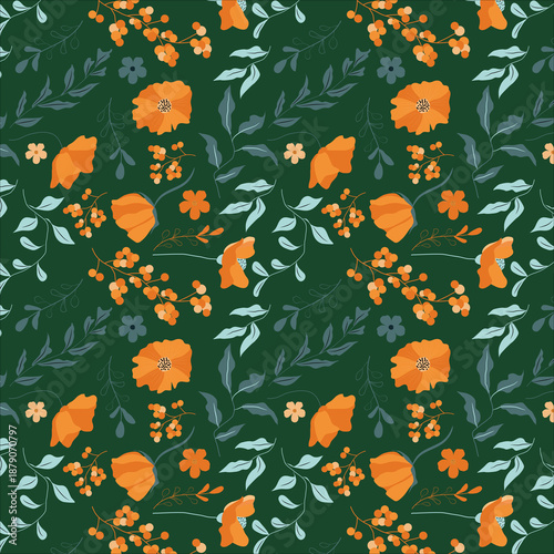 Seamless floral pattern with orange poppies on slate blue background