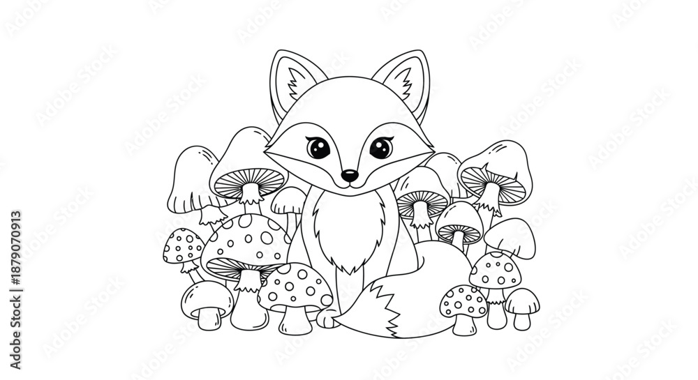 Obraz premium A cute cartoon fox sitting among a group of mushrooms in a forest, looking directly at the viewer with big eyes.