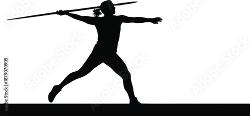 A female athlete in motion, throwing a javelin with strength and precision against a vibrant gradient background