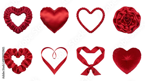 Red fabric heart set including satin pillows, ruffled scrunchies, ribbon bows, and rose shapes isolated. Valentines day and romantic decoration collection.