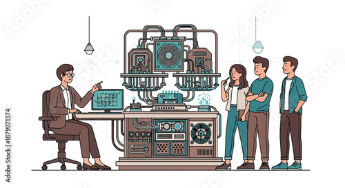 Expert demonstrates intricate machine operation to interested students in futuristic lab setting