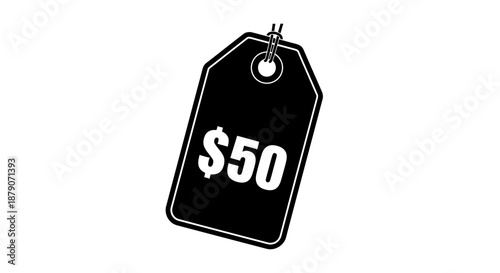A black price tag with a white dollar sign and the number fifty on a plain white background