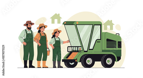 Family farming crew with modern harvester in the agricultural landscape and sustainable rural living