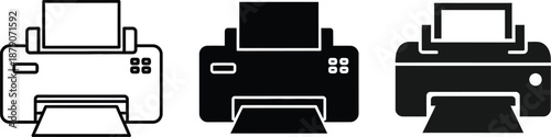 Three different printer icons in black and white on a clean background