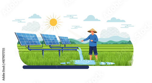 Farmer utilizing solar power irrigation in lush green rice field for sustainable agriculture