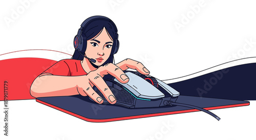 Focused gamer girl with headset immersed in online world using gaming mouse for action