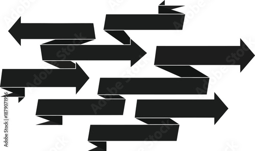 A group of black arrows pointing in different directions on a white background