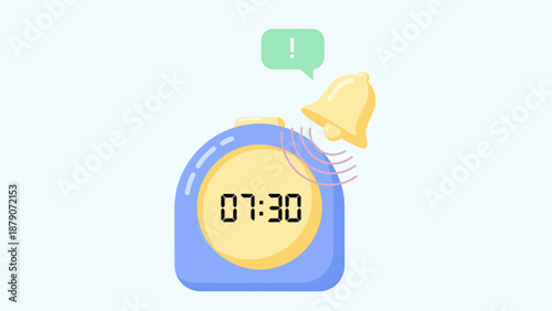 Digital Alarm Clock Ringing at 0730 AM with Notification Bubble