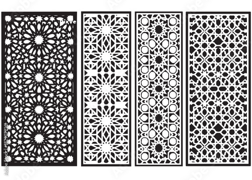 Islamic mosque window grill set with traditional mashrabiya geometric patterns for laser cutting
