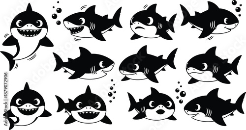A collection of cartoon sharks swimming in different directions on a white background