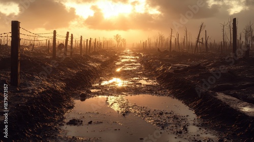 Desolate post-apocalyptic battlefield landscape at sunset with muddy path and barbed wire
