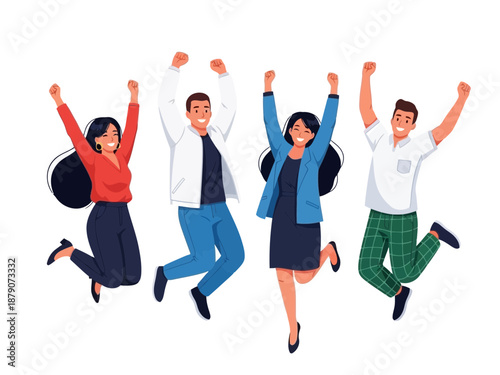 A group of jumping people with their arms raised in the air on a happily