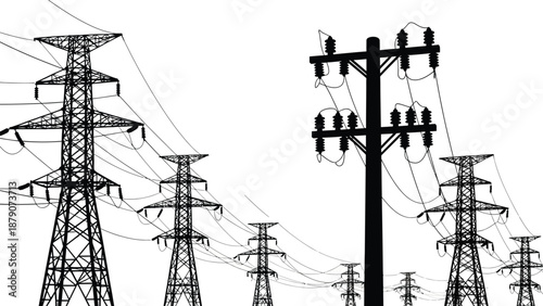 A stark depiction of power transmission towers against a bright background showcasing their intricate structures as a silhouette high quality professional