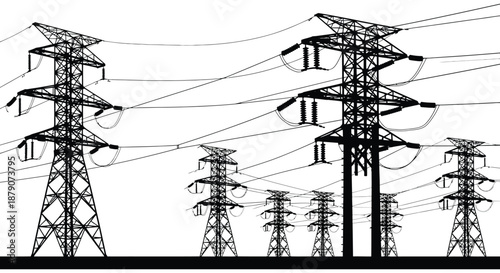 A striking view of tall electrical power transmission towers against a bright white background captured as a dramatic silhouette high quality