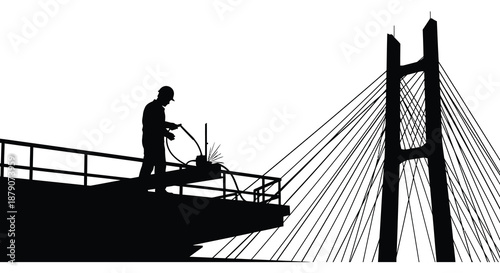 A striking black and white image showcasing a lone worker on a bridge powerfully rendered as a dramatic silhouette high quality