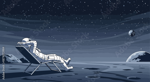 An astronaut reclines in a chair on the moon under a starlit sky providing a serene scene