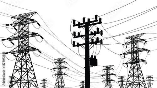 A striking visual of towering electrical power lines and transmission towers against a bright expansive sky depicted as a silhouette