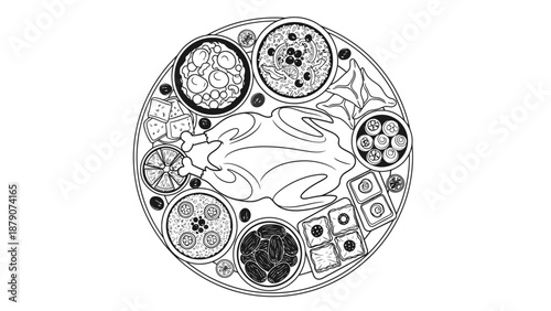 Top view illustration of a traditional Middle Eastern feast platter with roasted chicken, dates, hummus, and various appetizers in line art style.