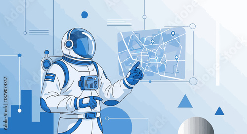 Astronaut navigates earth map in futuristic interface for global positioning system
