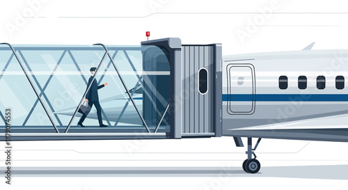 Businessman walking through airport jetway to airplane symbolizing modern corporate travel