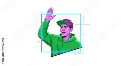 Cheerful youthful character illustration with a friendly greeting gesture within a digital frame