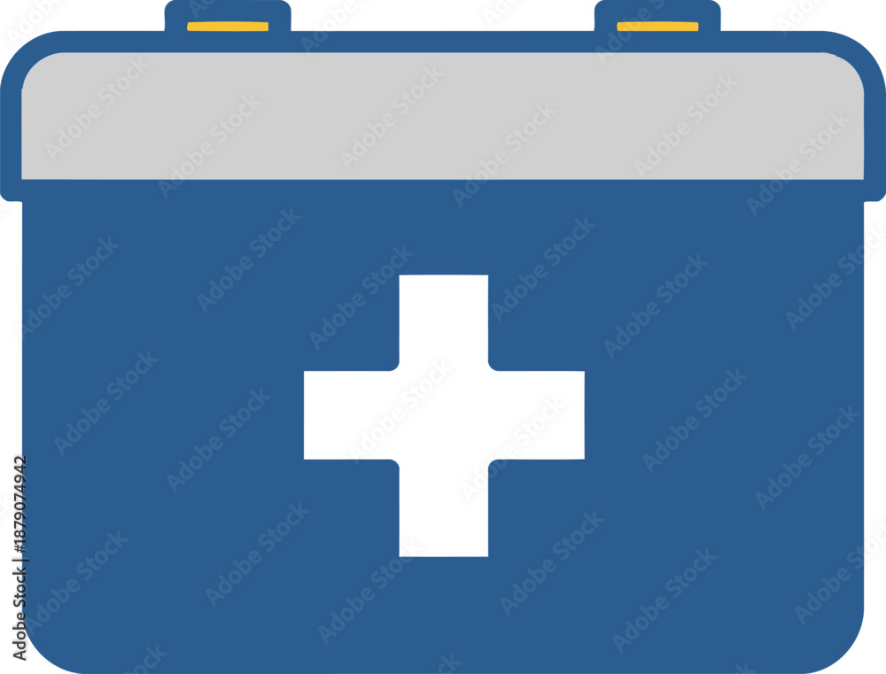 Fototapeta premium Blue first aid kit box with a white cross symbol and grey and yellow accents Keywords: first aid kit