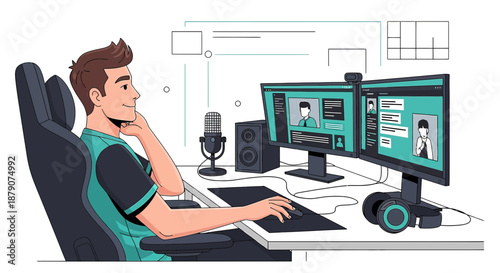Dedicated streamer engaging viewers in live chat session with dual monitor setup and professional