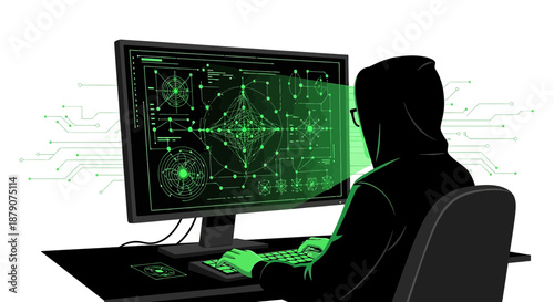Digital threat actor executing cyber attack with sophisticated technological interface