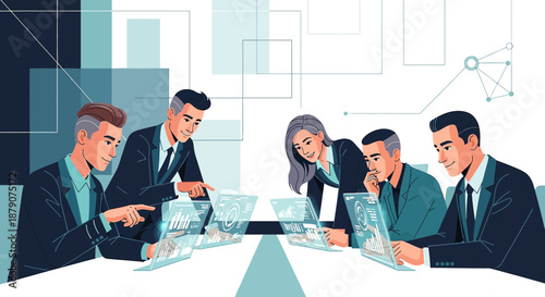 Diverse business team collaborating on futuristic digital interfaces for data analysis and