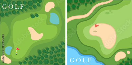 Golf Course Topography Vector Icons, Aerial View Map with Greens, Bunkers and Water Hazards for Sport Apps and Resort Branding