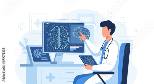 Doctor analyzing brain scans for neurological research and diagnosis in digital interface setup