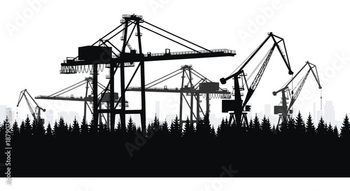 A striking view of industrial port cranes against a skyline and forested area presented as a dramatic silhouette high quality professional