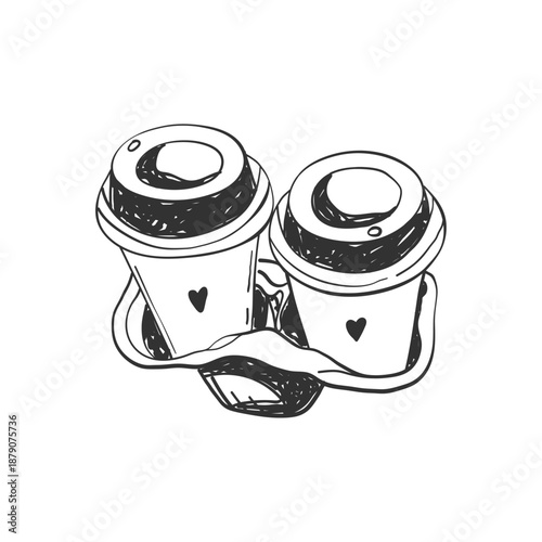 Vintage la dolce vita illustration with two takeaway coffee cups in a paper tray holder. Coffee cups in carrier. Whimsical chalk vector illustration isolated on white background.