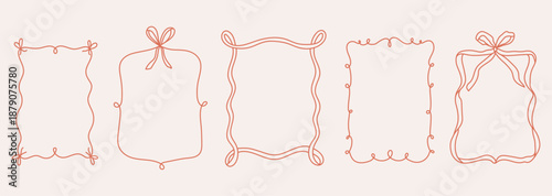 Retro whimsical ribbon frames with bows. Vintage elegant girly border for Christmas cards, Valentines card, birthday, wedding invitations, menu design etc. Line art vector illustration.