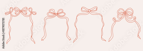 Retro whimsical ribbon frames with bows. Vintage elegant girly border for Christmas cards, Valentines card, birthday, wedding invitations, menu design etc. Line art vector illustration.