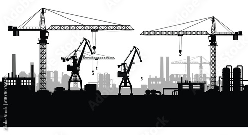 A striking depiction of a city skyline with multiple construction cranes and industrial buildings in a dark silhouette high quality professional