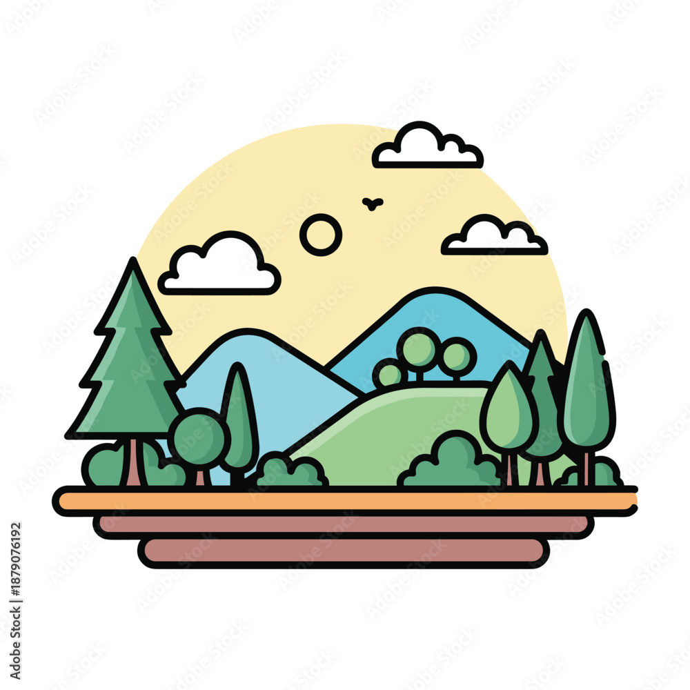 Naklejka premium Flat design illustration of a layered landscape with mountains trees and clouds vector