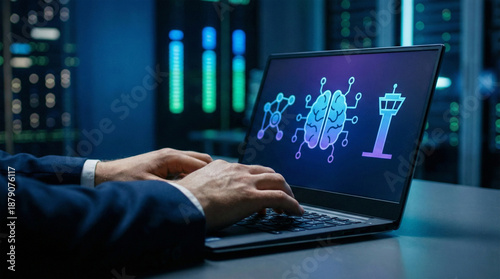 Businessman working on laptop with AI and neural network graphics